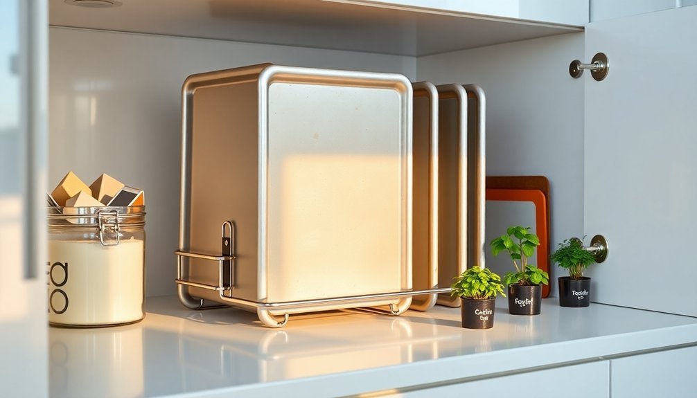 organize baking sheets upright